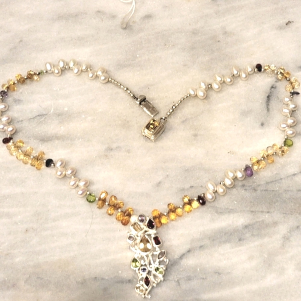 Artisan Saltwater Pearl Sterling Necklace Peridot Amethyst Garnet Citrine Iolite - Picture 2 of 8